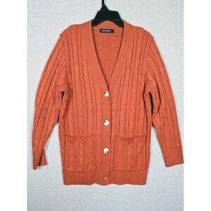 MEROKEETY Women Rust Orange Cable Knit Longline Button Front Cardigan Sweater L